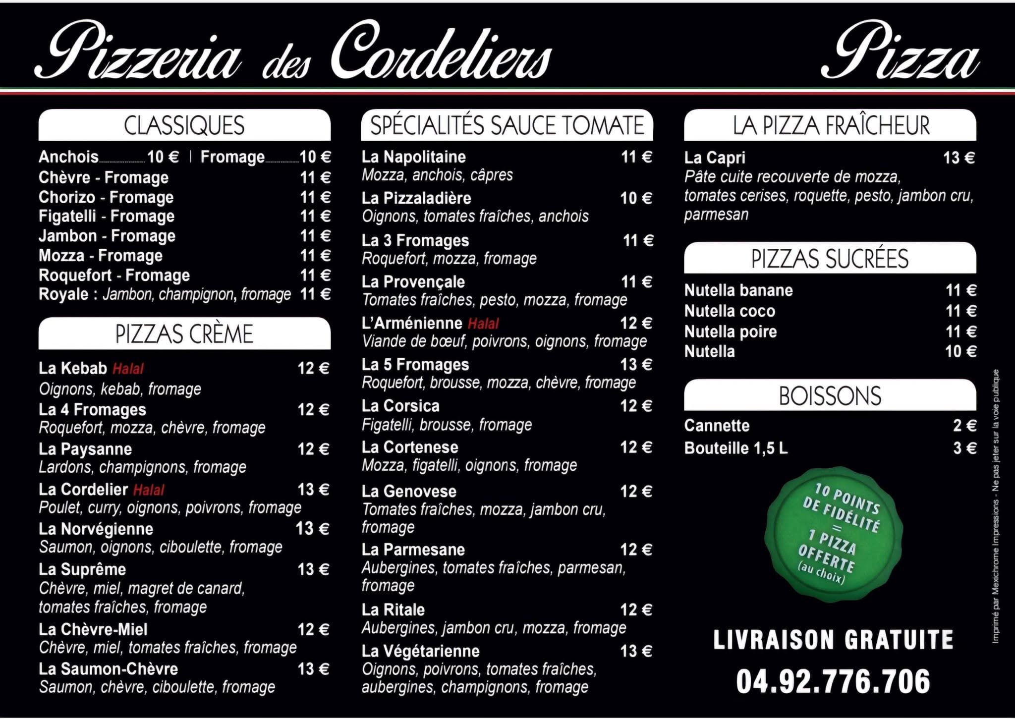 La carte imprimée de la pizzeria avec tous les prix